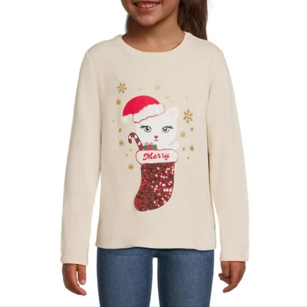 Girl’s Long Sleeve Embellished T-Shirt Beige Christmas Cat Wonder Nation NWT